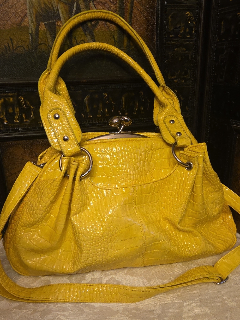 Yellow Patent Croc-Embossed Satchel Handbag